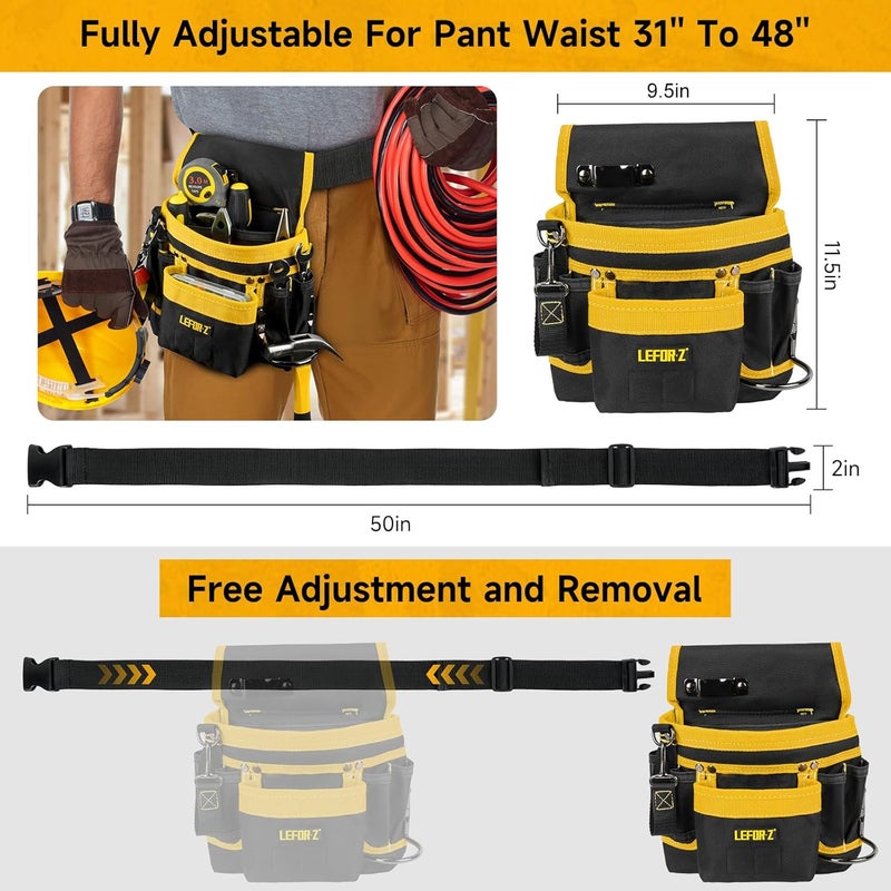 LEFORZ Tool Belt,Magnetic Tool Pouch,14-Pockets Tool Belts for Men,Detachable & Adjustable Tool Pouch belt for Electrician,Carpenter,Construction,Work Apron,Utility Belt,Black-Yellow - Image 2